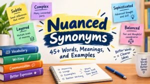 Nuanced synonyms infographic featuring 45+ words, meanings, and examples for better English writing.