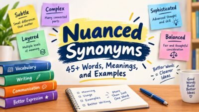 Nuanced synonyms infographic featuring 45+ words, meanings, and examples for better English writing.